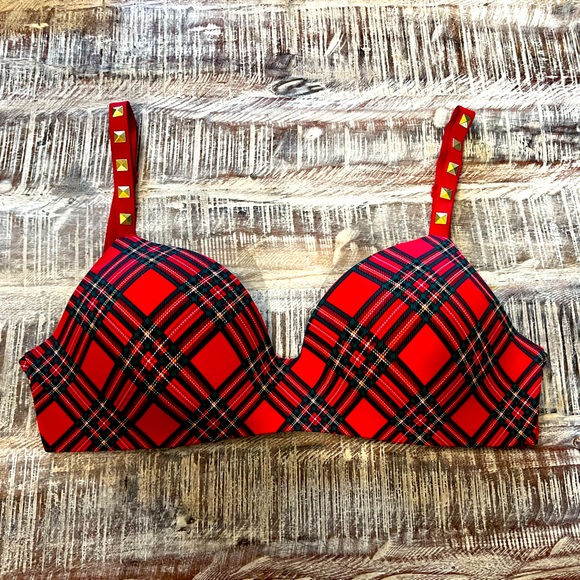 Adore Me Other - Wireless Push Up Bra - Tartan Punk print with Gold Studs 34 DD